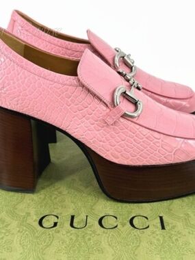 New Auth Gucci Horsebit Croc Platform Loafers Woman Heels Pink G 41 NWB
